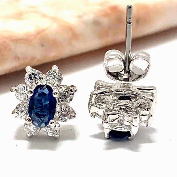 18k White Gold & Fine Jewelry Bronze 3.0ctw Sapphire&White Crystal Stud Earrings - Picture 2 of 4